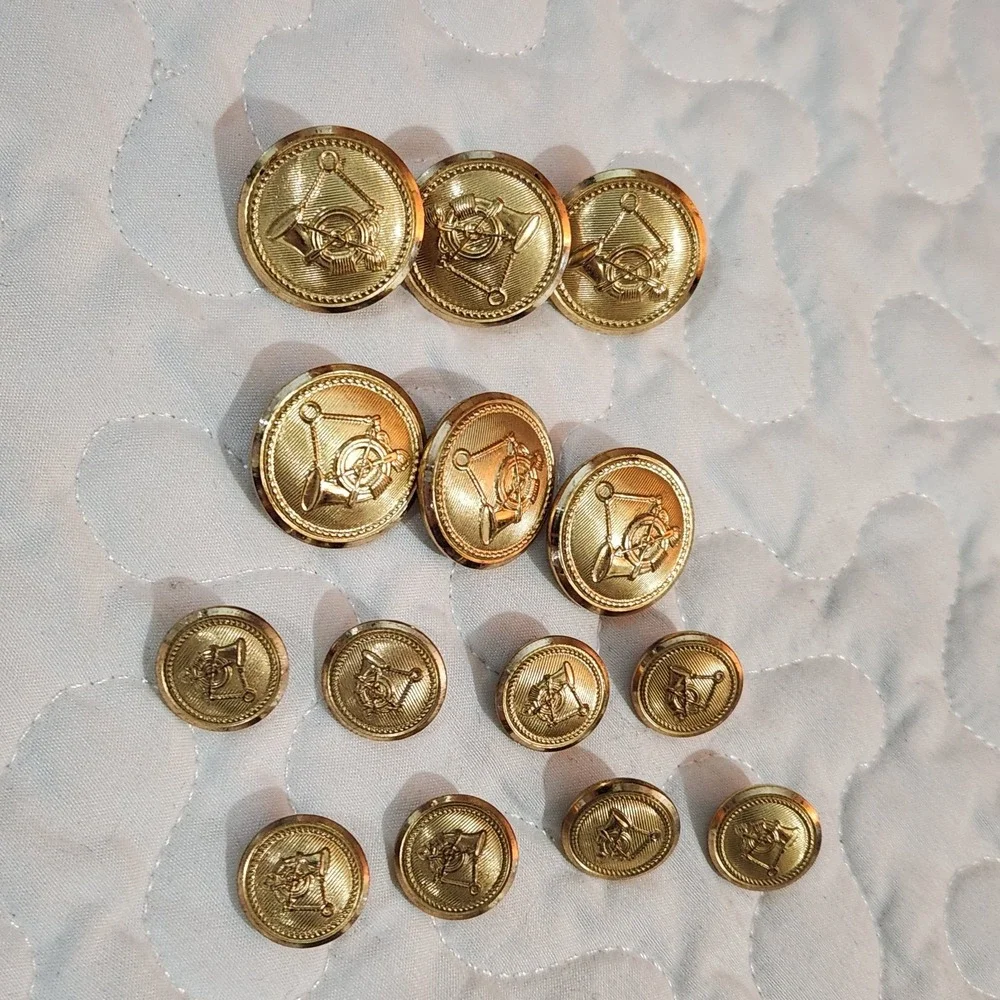 Set of 14 Waterbury Gold FOX HUNTING BLAZER BUTTONS French Horn Shank Equestrian